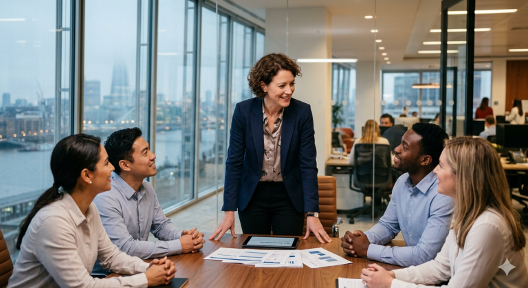 A female executive stands at the head of a boardroom table during a high-stakes meeting, symbolizing the glass cliff phenomenon in a modern office setting.